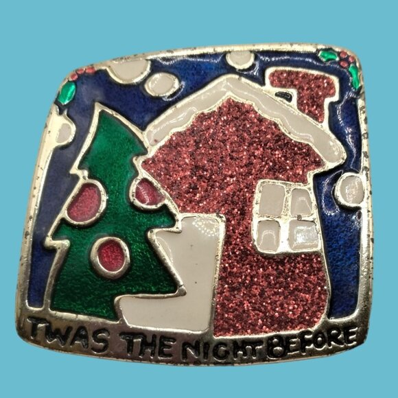 Twas the Night Before Pin Brooch Christmas Tree House Glitter Enamel - Picture 1 of 4